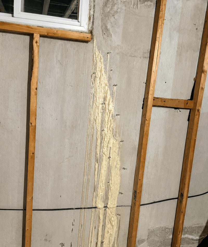 Basement foundation wall crack prepared for polyurethane injection repair Gravenhurst Basement foundation wall crack prepared for polyurethane injection repair Gravenhurst