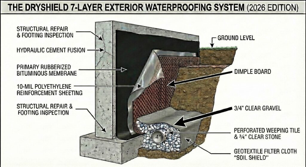 Diagram of Dryshield exterior waterproofing system showing hydraulic cement, rubberized membrane, 10-mil poly reinforcement, dimple board with finishing strip, and 3/4 inch clear stone drainage.