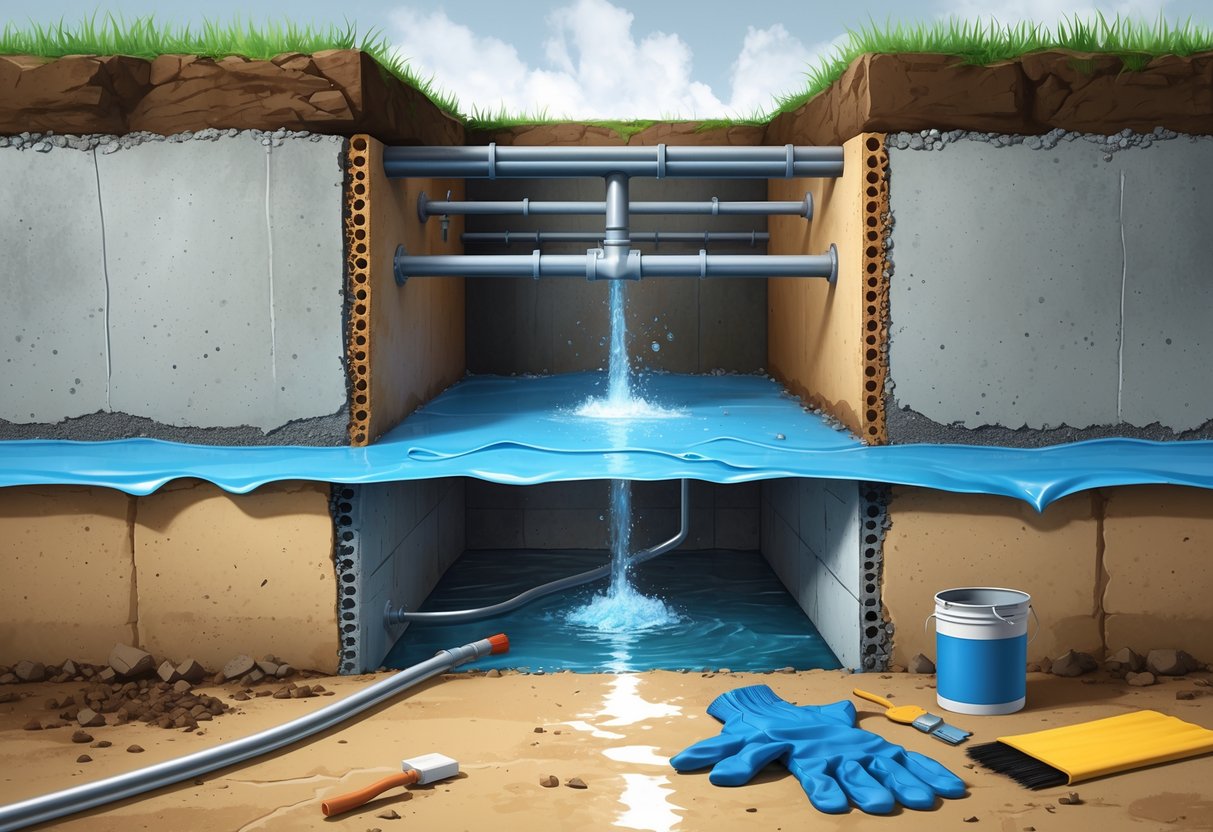 Cross-sectional view of a concrete basement wall with waterproof membrane and drainage system applied on the outside, showing a dry interior and soil outside.