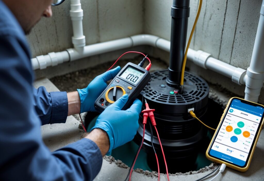 Technician testing smart sump pump sensors in a basement utility area using a digital multimeter and a tablet.