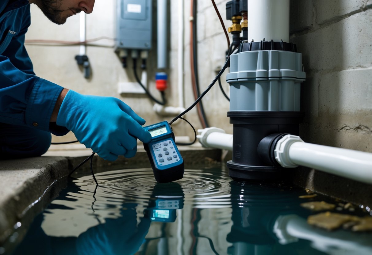A technician testing smart sump pump sensors in a basement with a digital testing device near a sump pump basin.