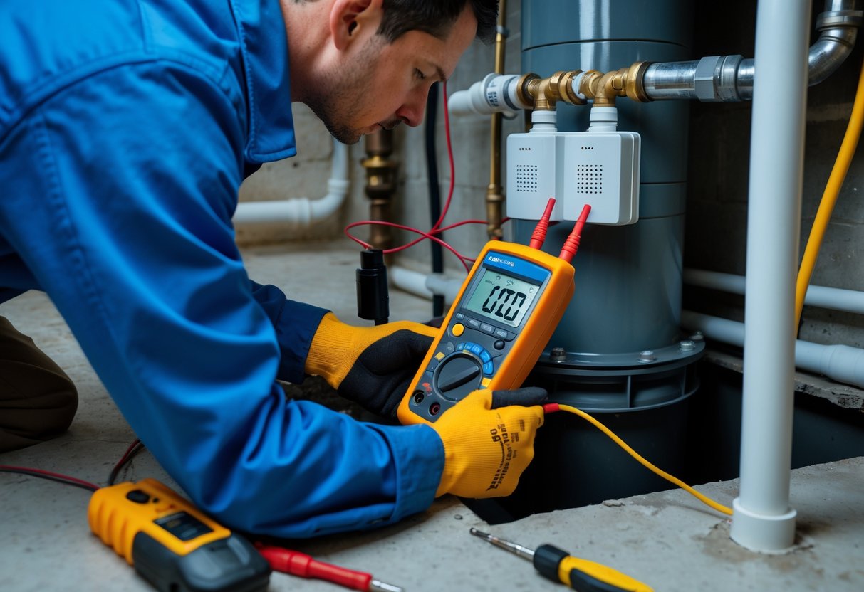 Technician preparing to test smart sump pump sensors in a residential basement with tools and equipment nearby.