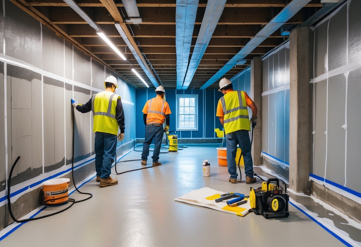 Workers applying waterproofing materials to the walls of a residential basement under construction.