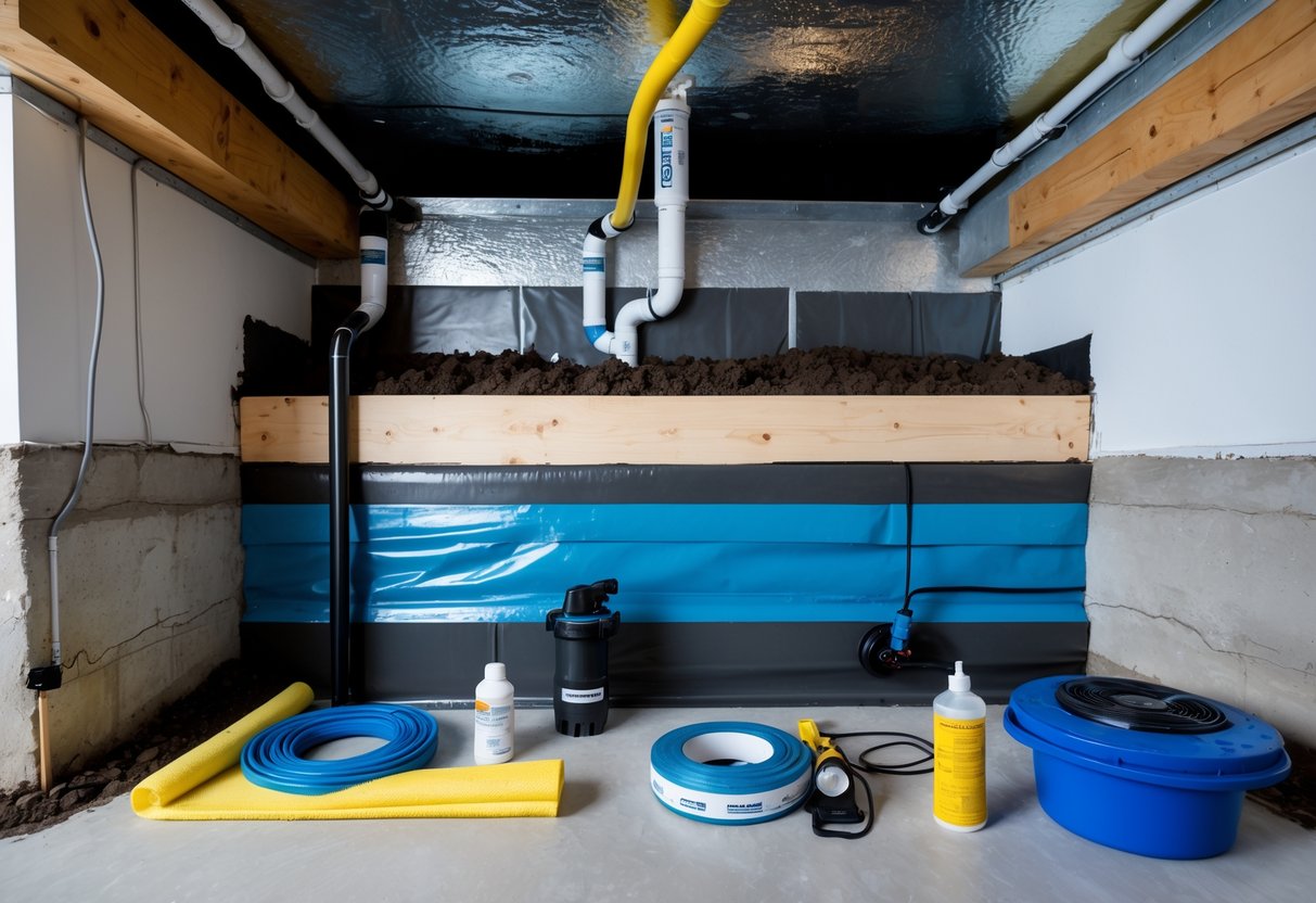 Cross-sectional view of a basement showing different waterproofing methods including drainage channels, waterproof membranes, sump pump, and foundation sealing.