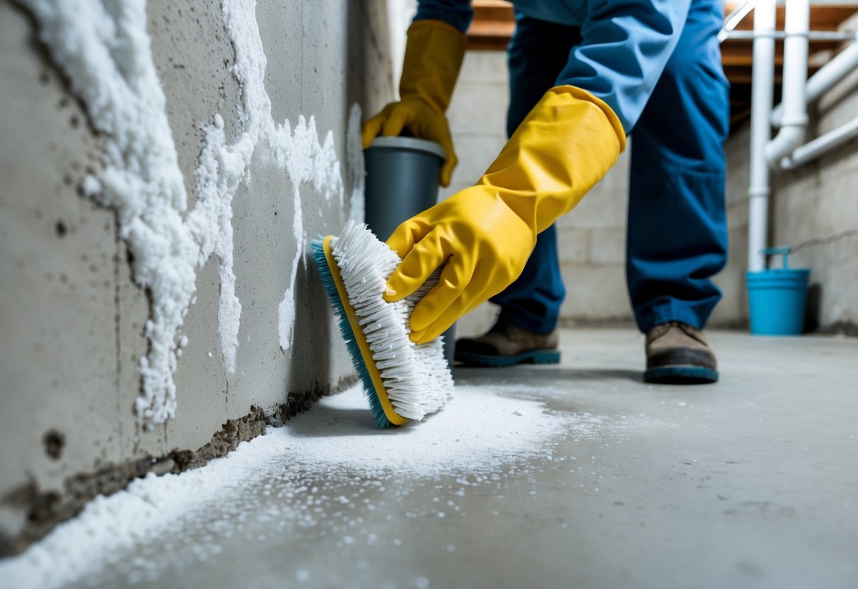 Person wearing gloves scrubbing white powder from basement concrete wall using a brush.