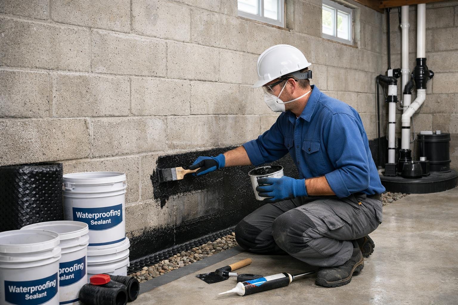 A technician applying waterproof sealant to the walls of a residential basement with waterproofing equipment nearby.