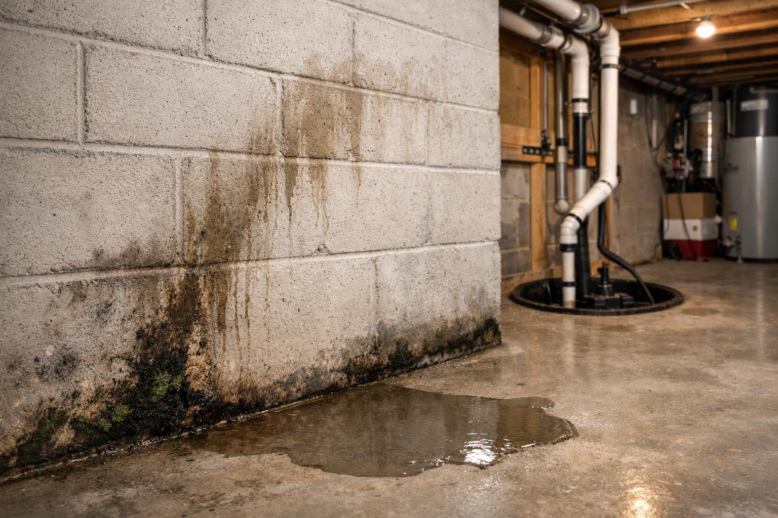 A residential basement showing damp concrete walls, mold in corners, and a small puddle of water on the floor near a foundation wall.